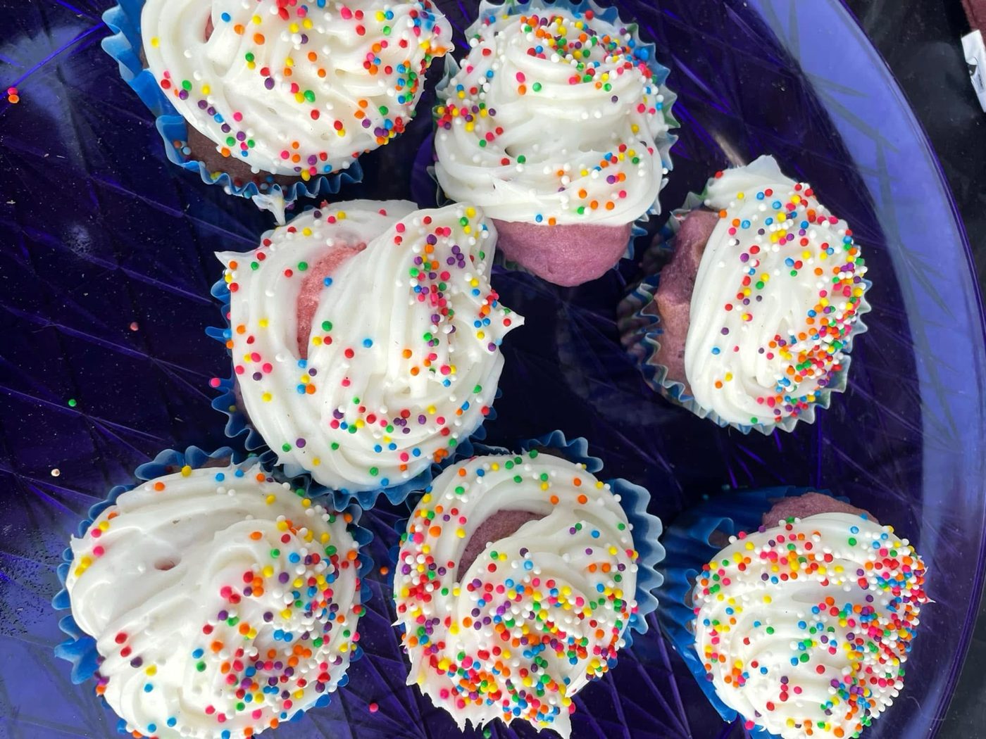 Cupcakes with sprinkles at a S’more Dogs bake sale