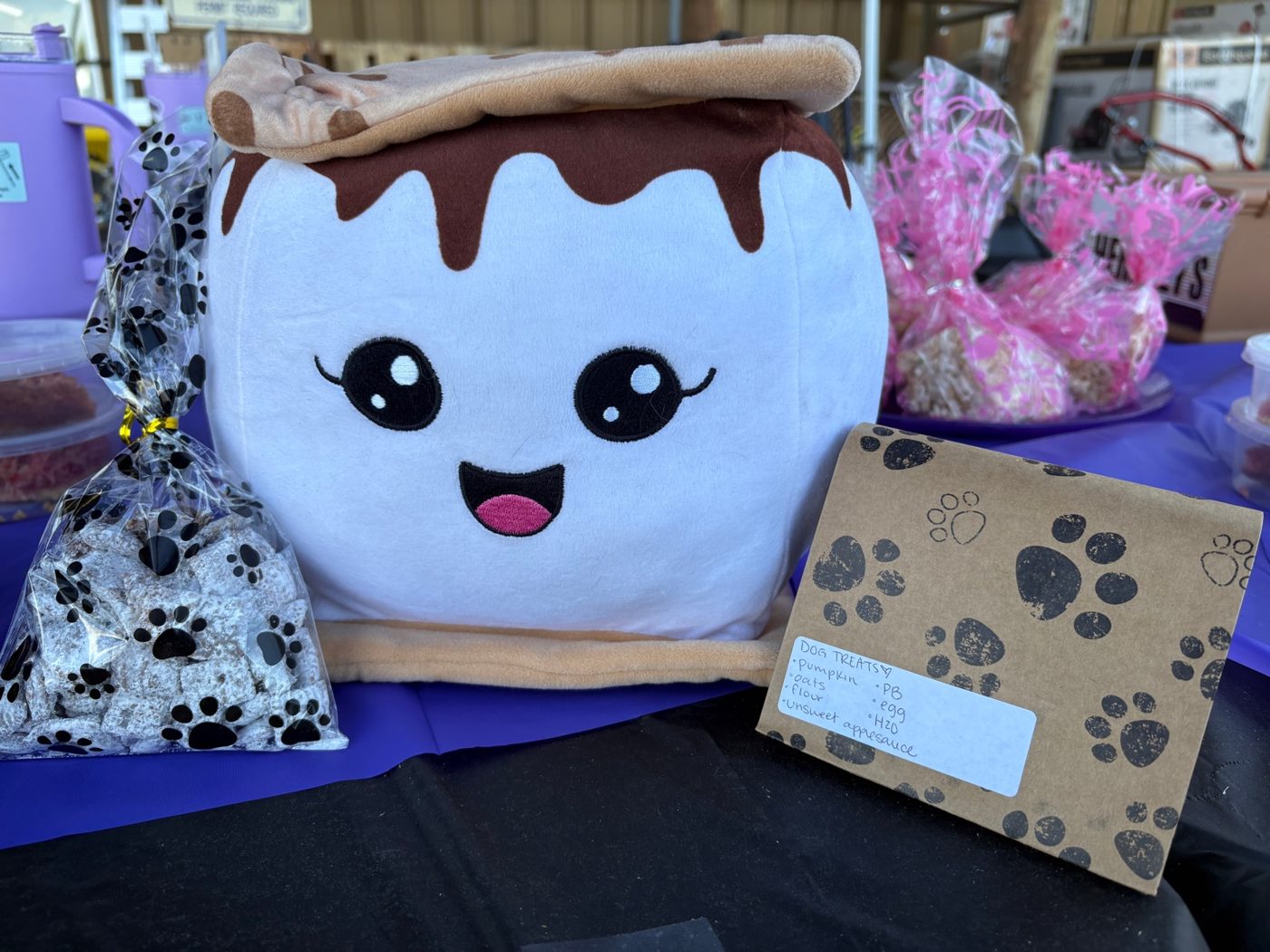 Dog treats and S’more plush at bake sale table